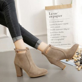 Solid Buckle Block Zipper Boots