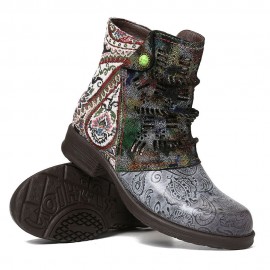 Retro Genuine Leather Splicing Fancy Pattern Zipper Flat Short Boots