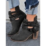 Women Comfortable Round Toe Braided Strap Back-Zip Buckle Casual Ankle Boots
