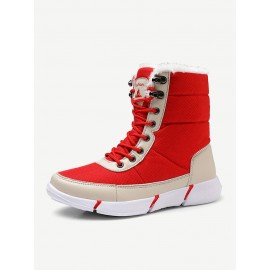 Women Large Size Color Match Splicing Waterproof Lace Up Mid Calf Snow Boots