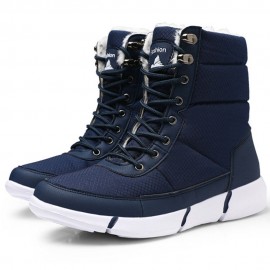 Women Large Size Color Match Splicing Waterproof Lace Up Mid Calf Snow Boots