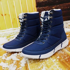 Women Large Size Color Match Splicing Waterproof Lace Up Mid Calf Snow Boots