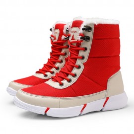 Women Large Size Color Match Splicing Waterproof Lace Up Mid Calf Snow Boots