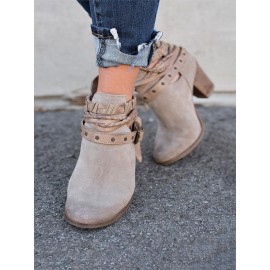 Women Comfortable Round Toe Braided Strap Back-Zip Buckle Casual Ankle Boots