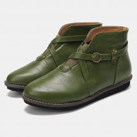Large Size Women Comfy Leather Stitching Buckle Flat Ankle Boots