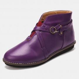 Large Size Women Comfy Leather Stitching Buckle Flat Ankle Boots