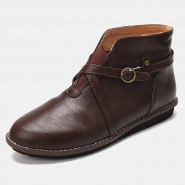 Large Size Women Comfy Leather Stitching Buckle Flat Ankle Boots