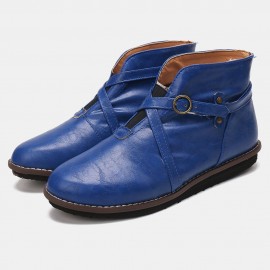 Large Size Women Comfy Leather Stitching Buckle Flat Ankle Boots