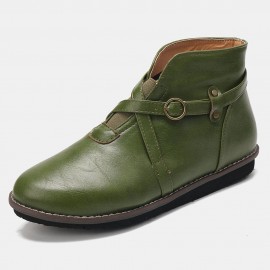 Large Size Women Comfy Leather Stitching Buckle Flat Ankle Boots