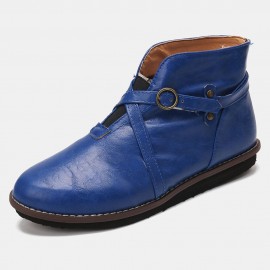 Large Size Women Comfy Leather Stitching Buckle Flat Ankle Boots