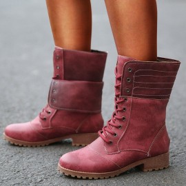 Plus Size Women Retro Pu Leather Lace Up Block Heel Short Boots