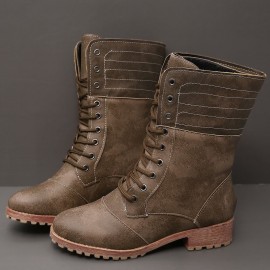 Plus Size Women Retro Pu Leather Lace Up Block Heel Short Boots