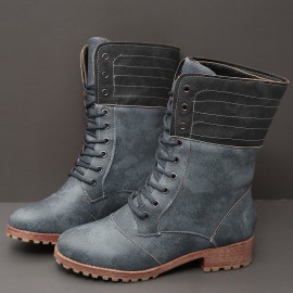Plus Size Women Retro Pu Leather Lace Up Block Heel Short Boots
