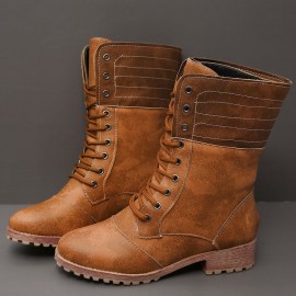 Plus Size Women Retro Pu Leather Lace Up Block Heel Short Boots