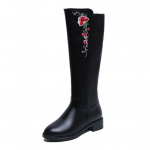 Embroidery Flower Knee High Black Boots