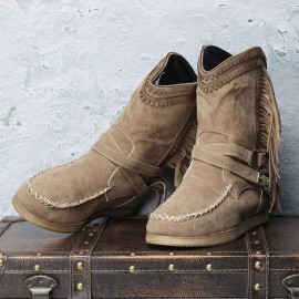 Women Casual Suede Stitching Tassel Flat Short Boots