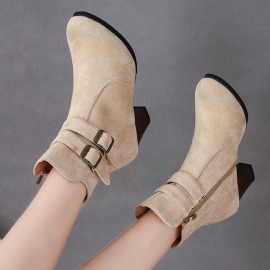 Plus Size Women Buckle High Heel Zipper Short Boots