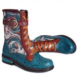 Embossed Genuine Leather Splicing Fancy Pattern Lace Up Zipper Flat Short Boots