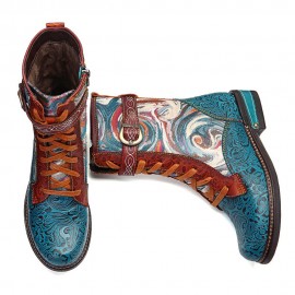 Embossed Genuine Leather Splicing Fancy Pattern Lace Up Zipper Flat Short Boots