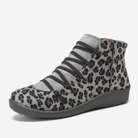 Large Size Leopard Suede Slip On Side Zipper Casual Flat Ankle Boots