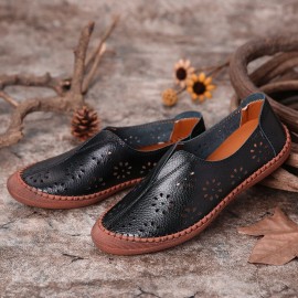 Women Cow Split Leather Hollow Out Breathable Soft Non Slip Women\'s Casual Loafers