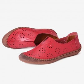 Women Cow Split Leather Hollow Out Breathable Soft Non Slip Women\'s Casual Loafers
