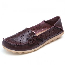 Big Size Leather Hollow Out Floral Breathable Soft Comfy Lace Up Flat Shoes