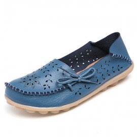 Big Size Leather Hollow Out Floral Breathable Soft Comfy Lace Up Flat Shoes