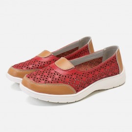 Women Hollow Leather Slip On Solid color Soft Sole Flats Shoes