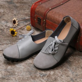 Large Size Women Casual Soft Lightweight Splicing Leather Lace Up Flats Loafers