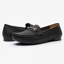 Women Metal Detail Flat Leather Comfy Breathable Casual Loafers