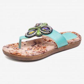 Beaded Flip Flops Flower Printing  Clip Toe Beach Sandals