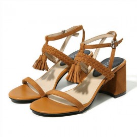 Tassel Woven Block Peep Toe Solid Buckle Strap Sandals
