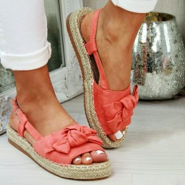 Plus Size Women Butterfly Knot Peep Toe Woven Platform Buckle Sandals