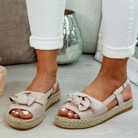 Plus Size Women Butterfly Knot Peep Toe Woven Platform Buckle Sandals