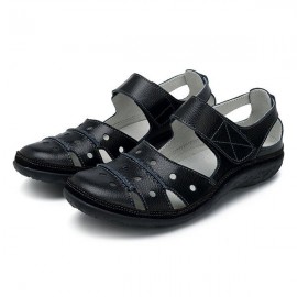 Leather Hollow Out Hook Loop Casual Flat Sandals For Women