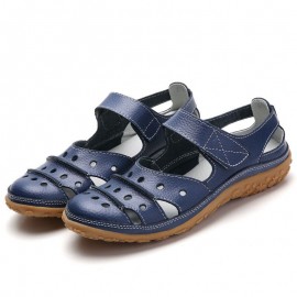 Leather Hollow Out Hook Loop Casual Flat Sandals For Women