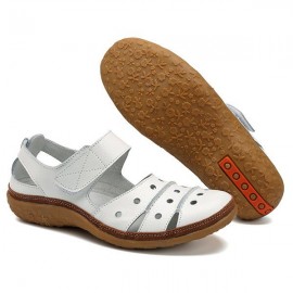 Leather Hollow Out Hook Loop Casual Flat Sandals For Women