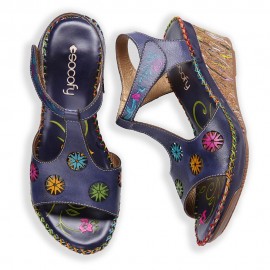 Leather Bohemian Cutout Flower Pattern Hook Loop Open Toe Casual Comfy Wedge Sandals