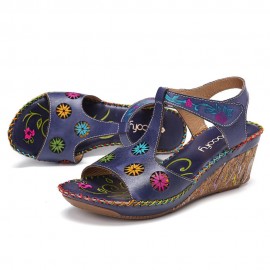 Leather Bohemian Cutout Flower Pattern Hook Loop Open Toe Casual Comfy Wedge Sandals