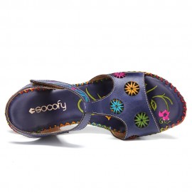 Leather Bohemian Cutout Flower Pattern Hook Loop Open Toe Casual Comfy Wedge Sandals