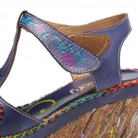 Leather Bohemian Cutout Flower Pattern Hook Loop Open Toe Casual Comfy Wedge Sandals