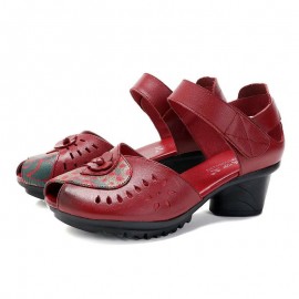 Women Casual Comfy Leather Hollow Hook Loop Open Toe Chunky Heel Sandals