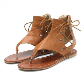 Extra Size Vintage Clip Toe Lace Up Lady Flat Roma Sandals
