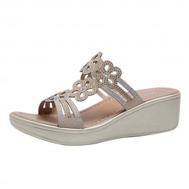 Women Casual Hollow Rhinestone Flowers Peep Toe Wedges Sandals