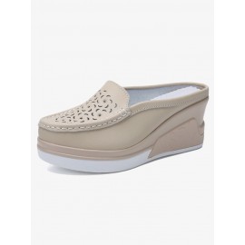Women Pattern Hollow Leather Comfy Breathable Platform Backless Slippers