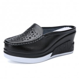 Women Pattern Hollow Leather Comfy Breathable Platform Backless Slippers