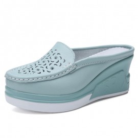Women Pattern Hollow Leather Comfy Breathable Platform Backless Slippers